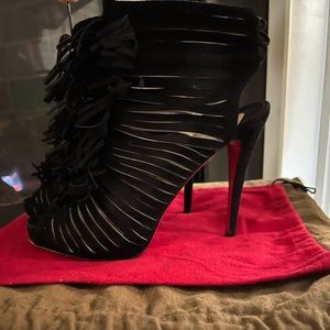Christian Louboutin Black Suede Fringe Booty 38.5 Retail $1175